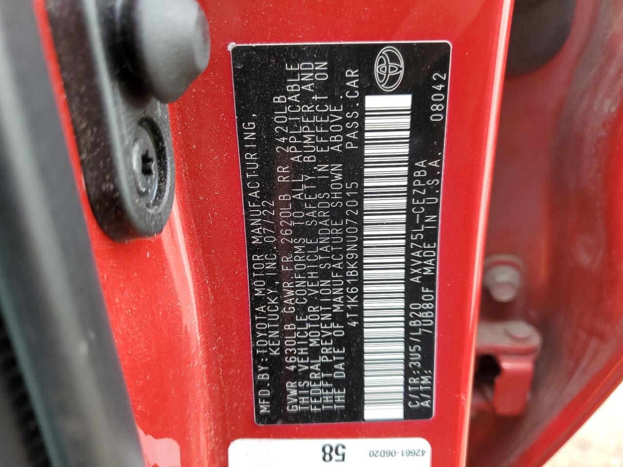 2022 Toyota Camry VIN 4T1K61BK9NU072015 Copart auction photo, rear end / frame damage damage thumbnail 13