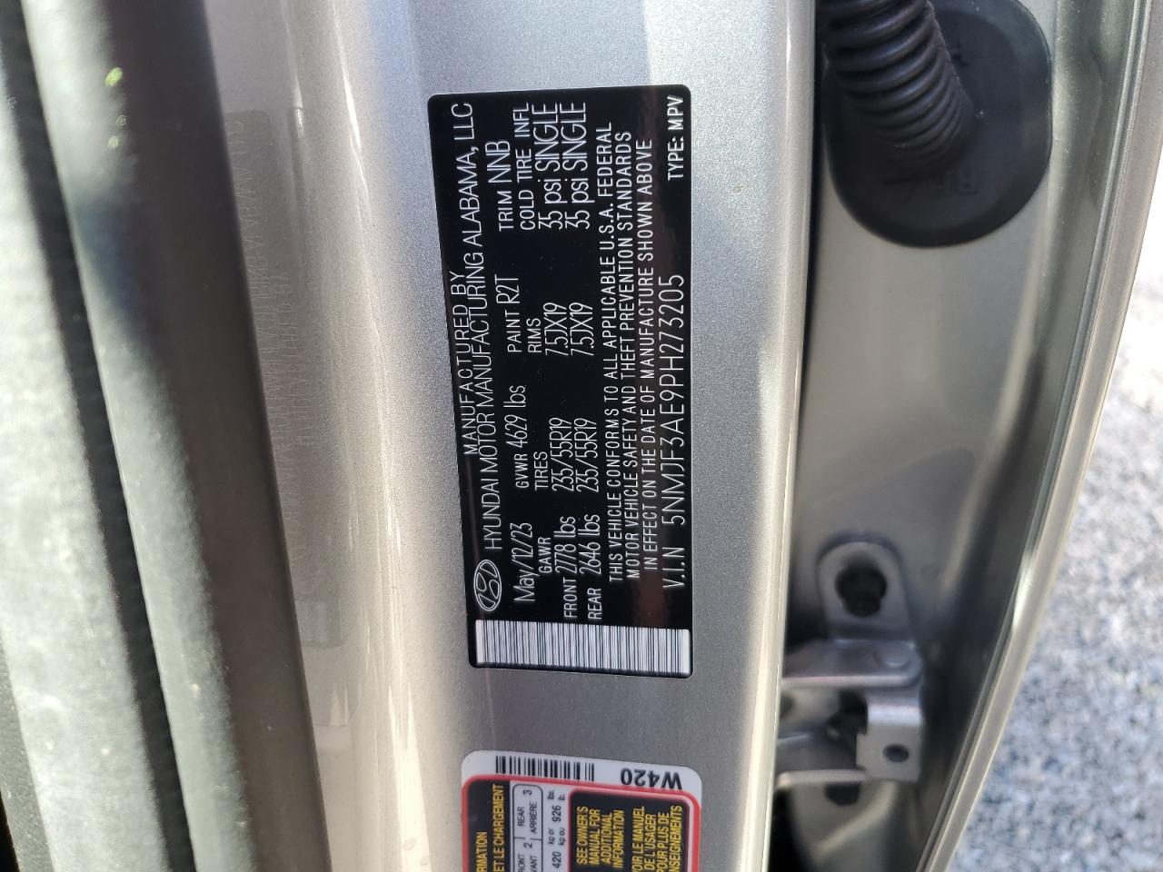 2023 Hyundai Tucson VIN 5NMJF3AE9PH273205 Copart auction photo, water/flood damage thumbnail 14