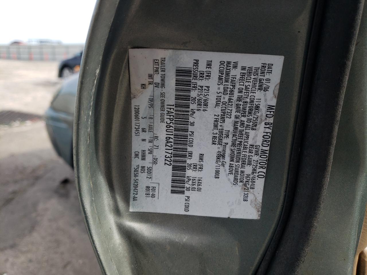2006 Ford Taurus VIN 1FAFP56U16A217322 Copart auction photo, front end / top/roof damage thumbnail 14