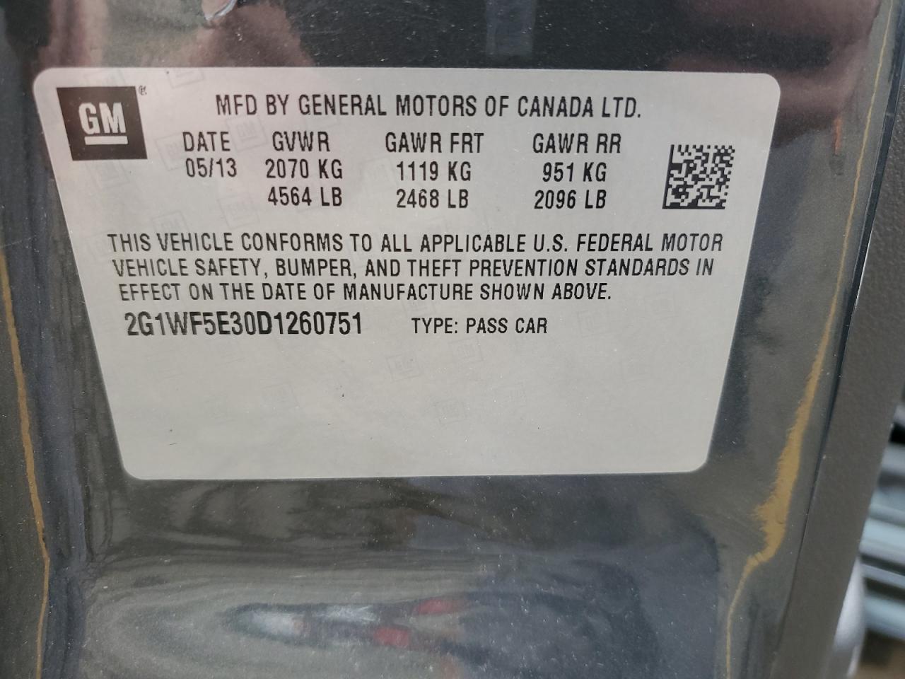 2013 Chevrolet Impala VIN 2G1WF5E30D1260751 Copart auction photo, front end / side damage thumbnail 12