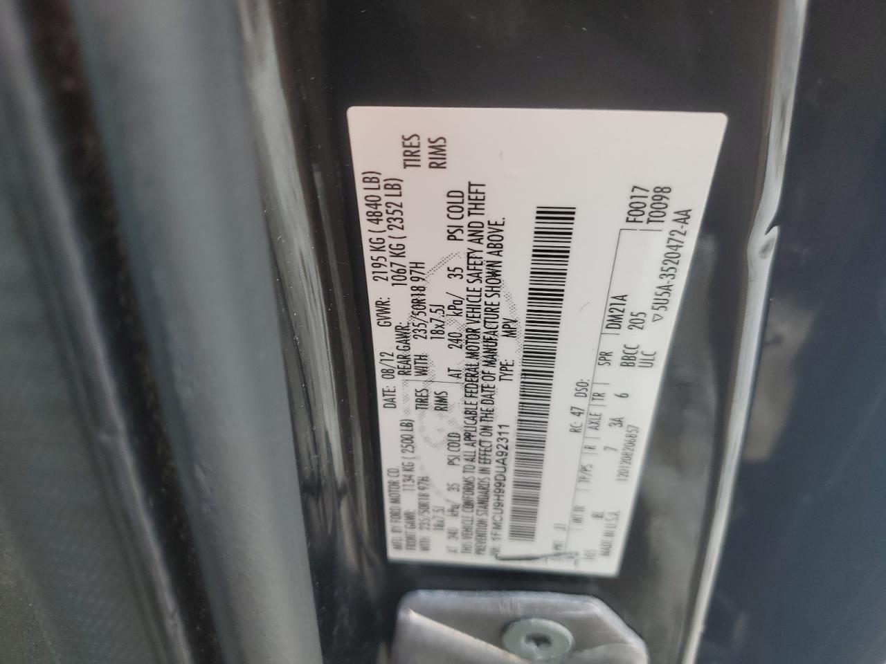 2013 Ford Escape VIN 1FMCU9H99DUA92311 Copart auction photo, front end / side damage thumbnail 13