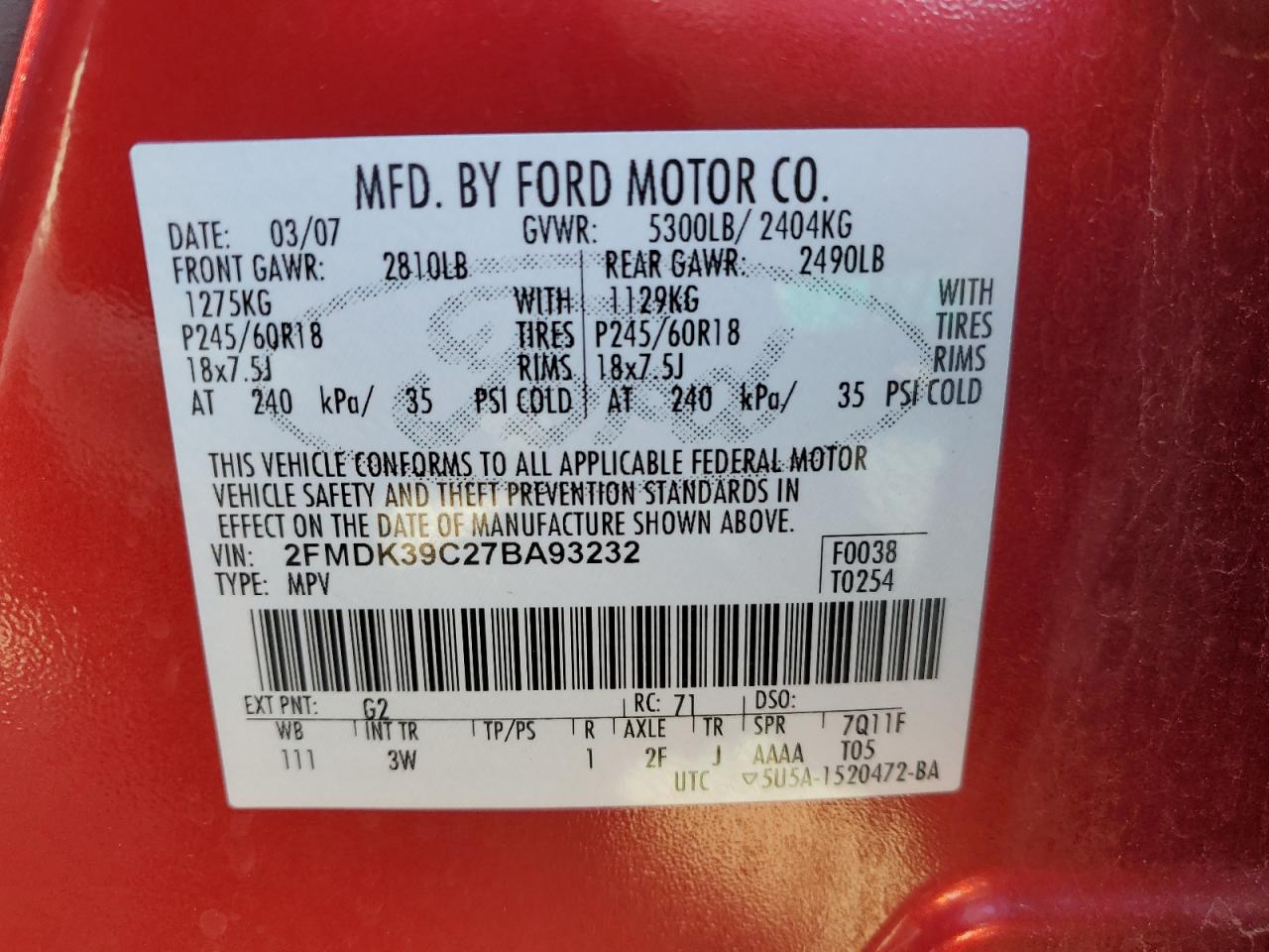 2007 Ford Edge VIN 2FMDK39C27BA93232 Copart auction photo, side / front end damage thumbnail 13