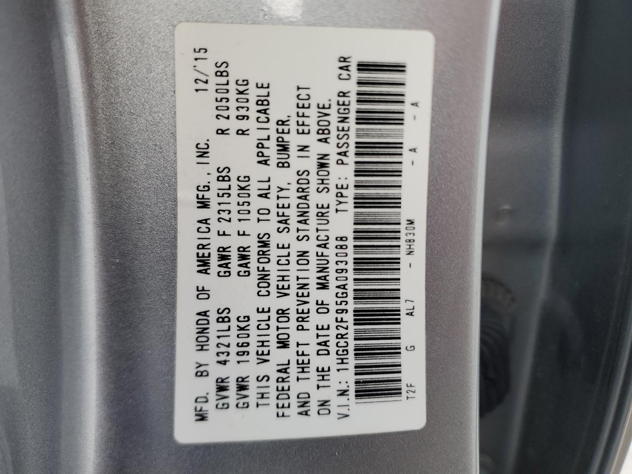 2016 Honda Accord VIN 1HGCR2F95GA093088 Copart auction photo, rear end damage thumbnail 13