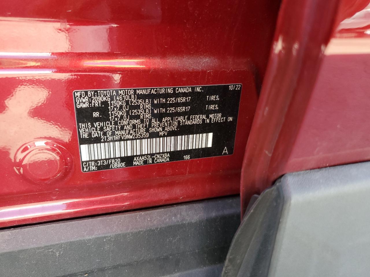 2022 Toyota RAV 4 VIN 2T3H1RFV9NW235359 Copart auction photo, front end damage thumbnail 13