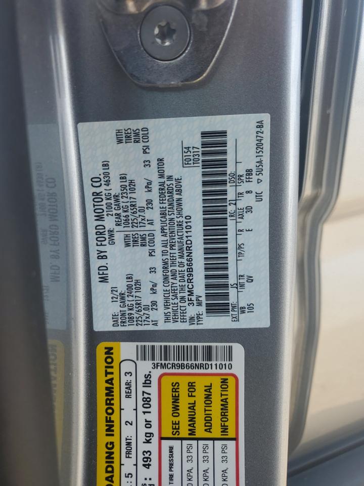 2022 Ford Bronco VIN 3FMCR9B66NRD11010 Copart auction photo, front end / side damage thumbnail 14
