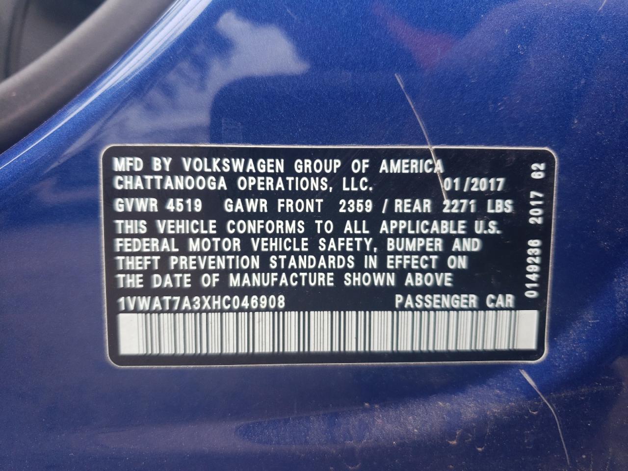 2017 Volkswagen Passat VIN 1VWAT7A3XHC046908 Copart auction photo, side / minor dent/scratches damage thumbnail 12