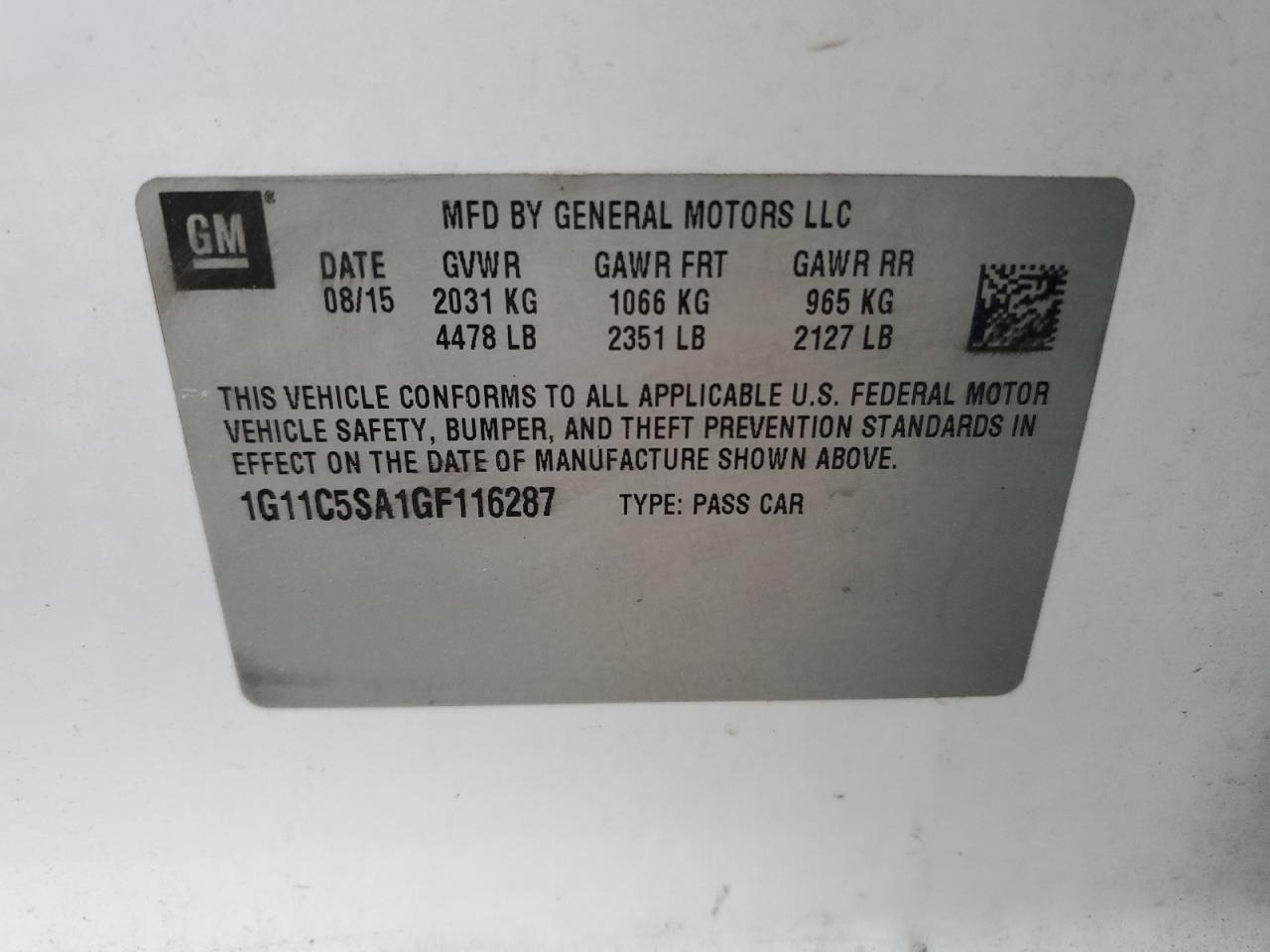2016 Chevrolet Malibu VIN 1G11C5SA1GF116287 Copart auction photo, front end damage thumbnail 12
