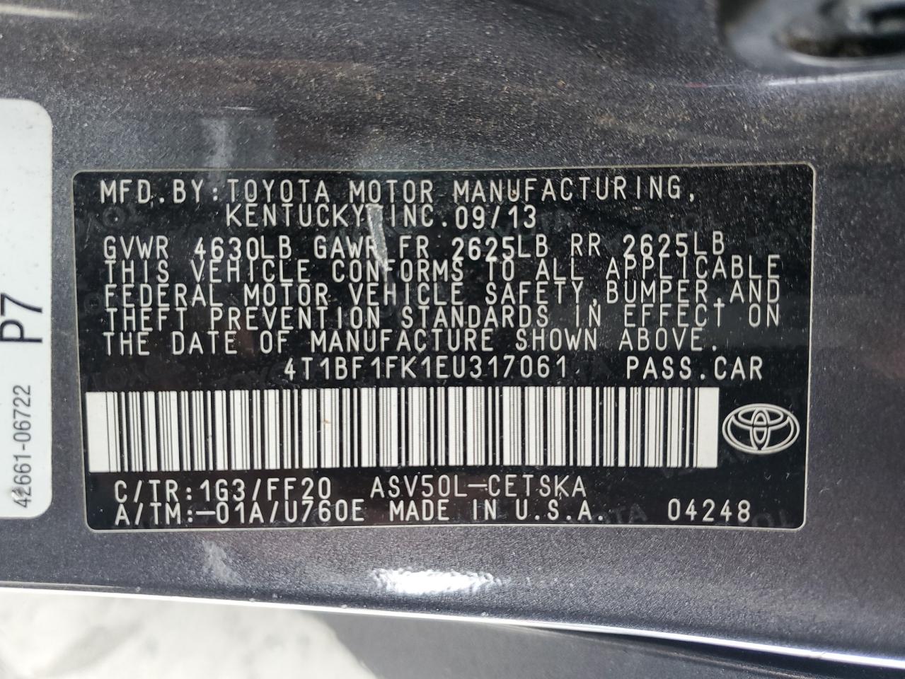2014 Toyota Camry VIN 4T1BF1FK1EU317061 Copart auction photo, front end / side damage thumbnail 14