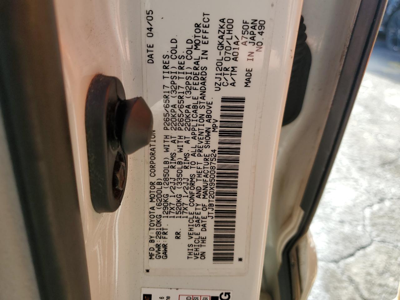 2005 Lexus GX VIN JTJBT20X950087524 Copart auction photo, all over damage thumbnail 12