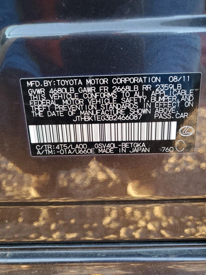 2011 Lexus ES VIN JTHBK1EG3B2466087 Copart auction photo, front end damage thumbnail 12