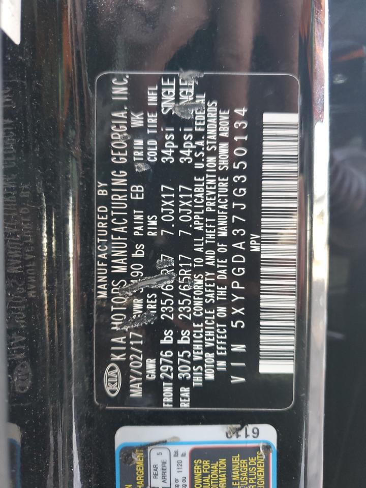 2018 KIA Sorento VIN 5XYPGDA37JG350134 Copart auction photo, front end / side damage thumbnail 15