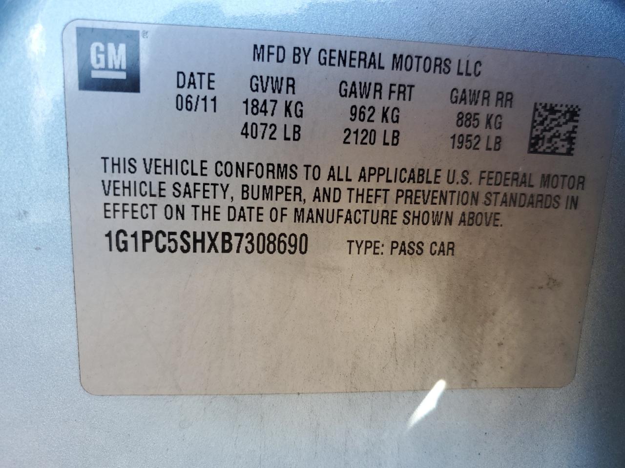 2011 Chevrolet Cruze VIN 1G1PC5SHXB7308690 Copart auction photo, front end / side damage thumbnail 12