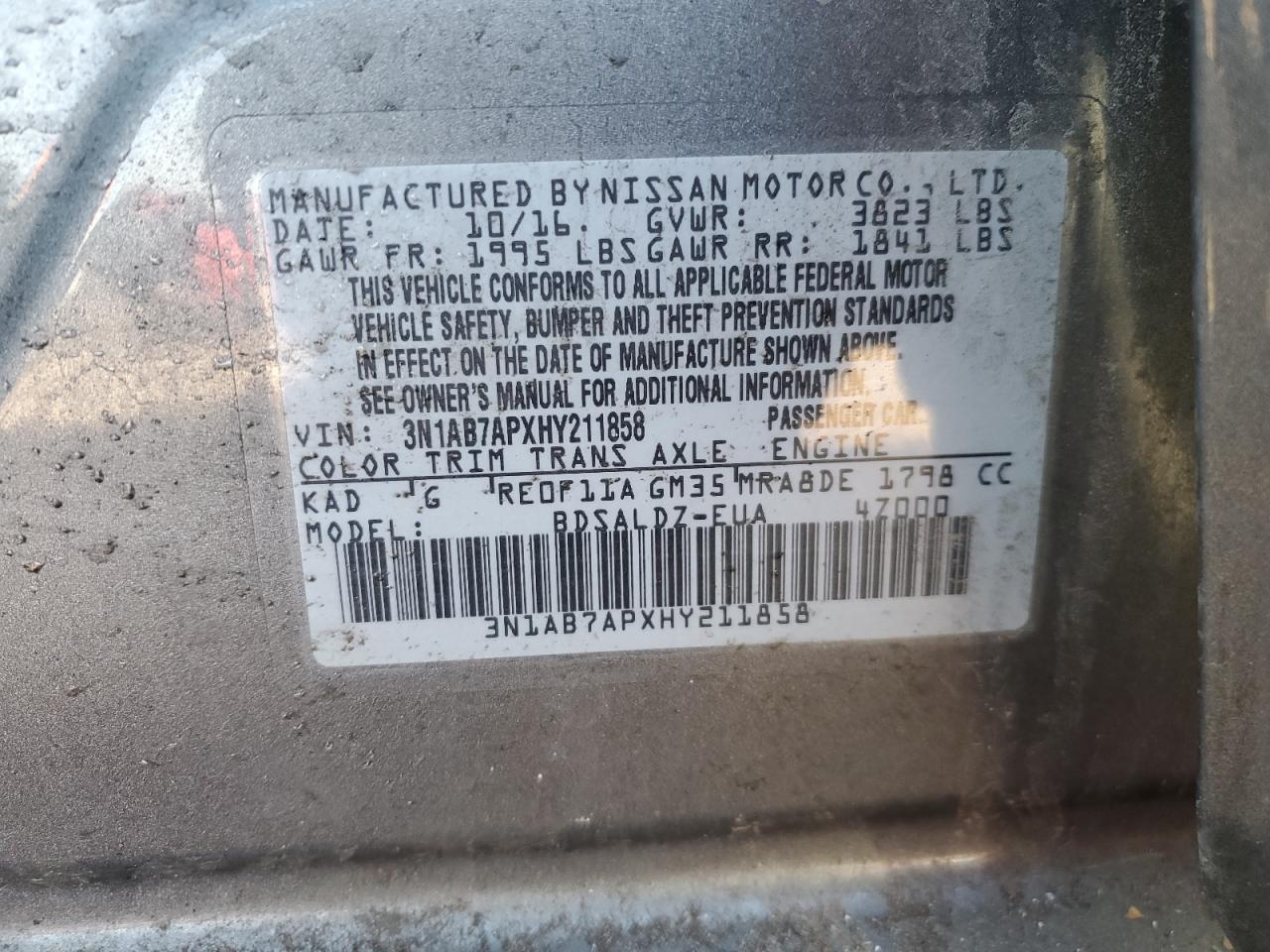 2017 Nissan Sentra VIN 3N1AB7APXHY211858 Copart auction photo, front end damage thumbnail 13