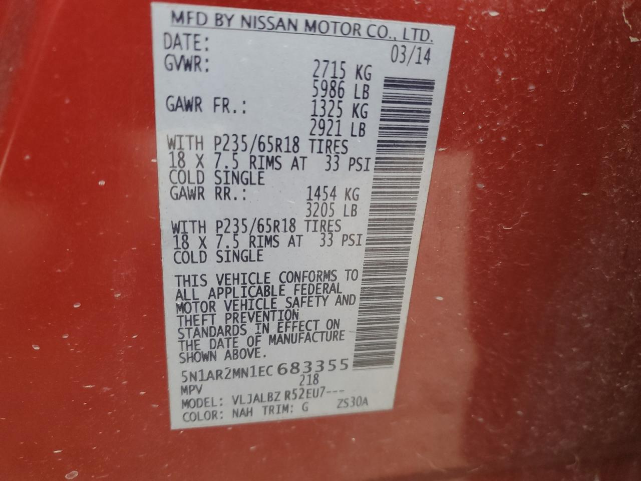 2014 Nissan Pathfinder VIN 5N1AR2MN1EC683355 Copart auction photo, minor dent/scratches damage thumbnail 13