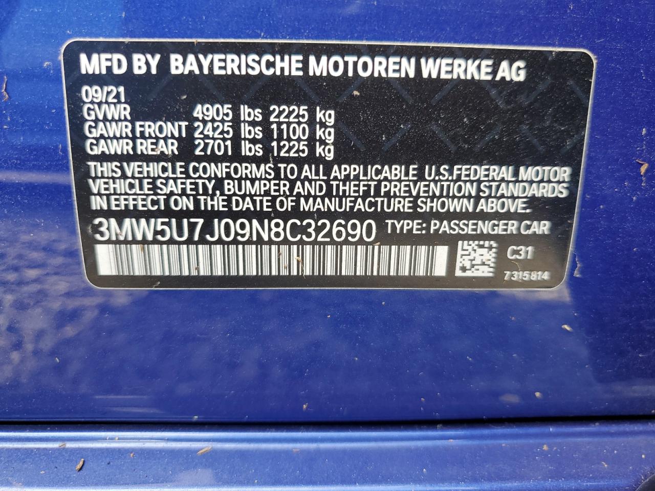 2022 BMW M3 VIN 3MW5U7J09N8C32690 Copart auction photo, water/flood damage thumbnail 13