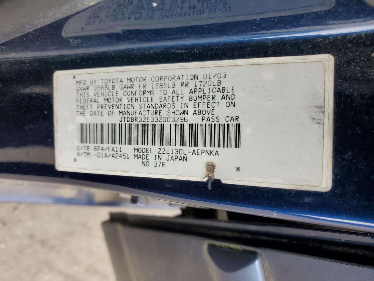 2003 Toyota Corolla VIN JTDBR32E332003296 Copart auction photo, front end damage thumbnail 13