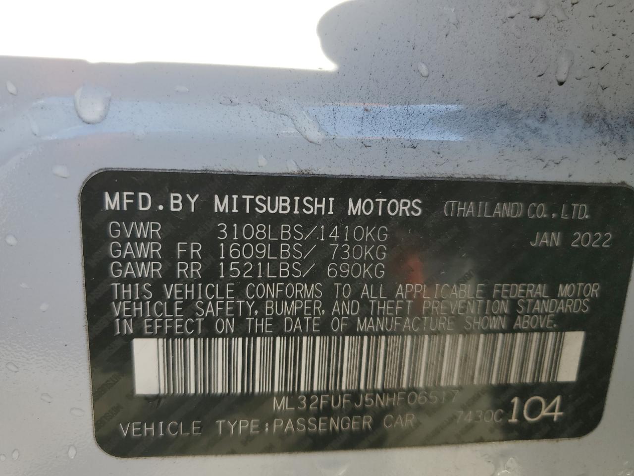 2022 Mitsubishi Mirage VIN ML32FUFJ5NHF06517 Copart auction photo, rear end damage thumbnail 12