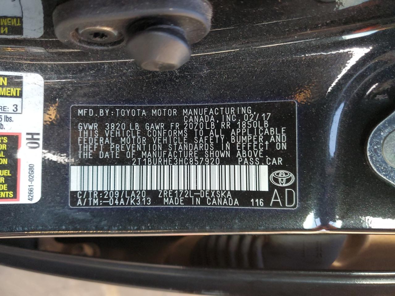 2017 Toyota Corolla VIN 2T1BURHE3HC857920 Copart auction photo, rear end / front end damage thumbnail 12
