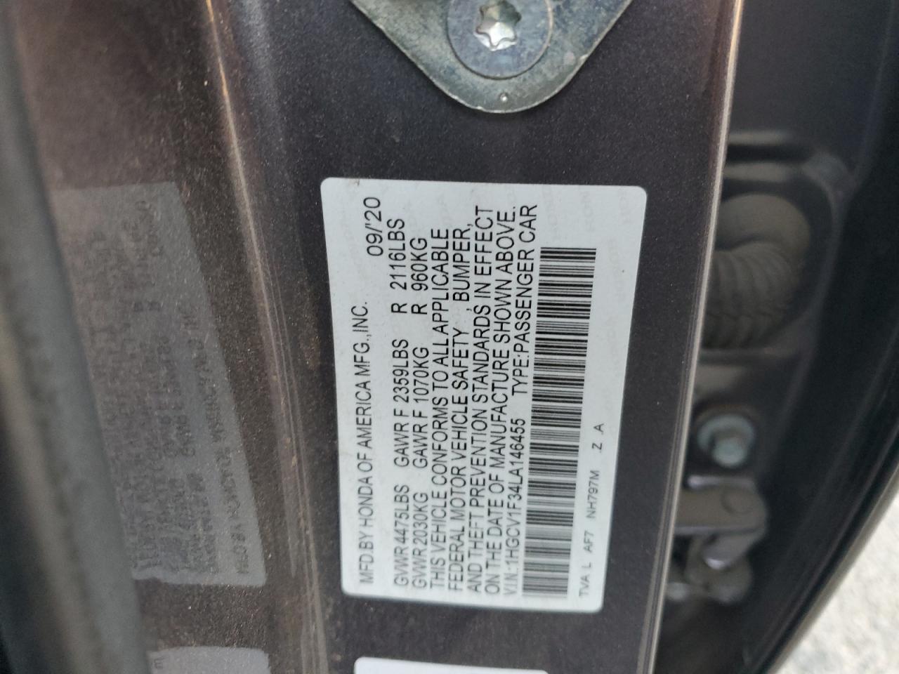 2020 Honda Accord VIN 1HGCV1F34LA146455 Copart auction photo, all over / minor dent/scratches damage thumbnail 12