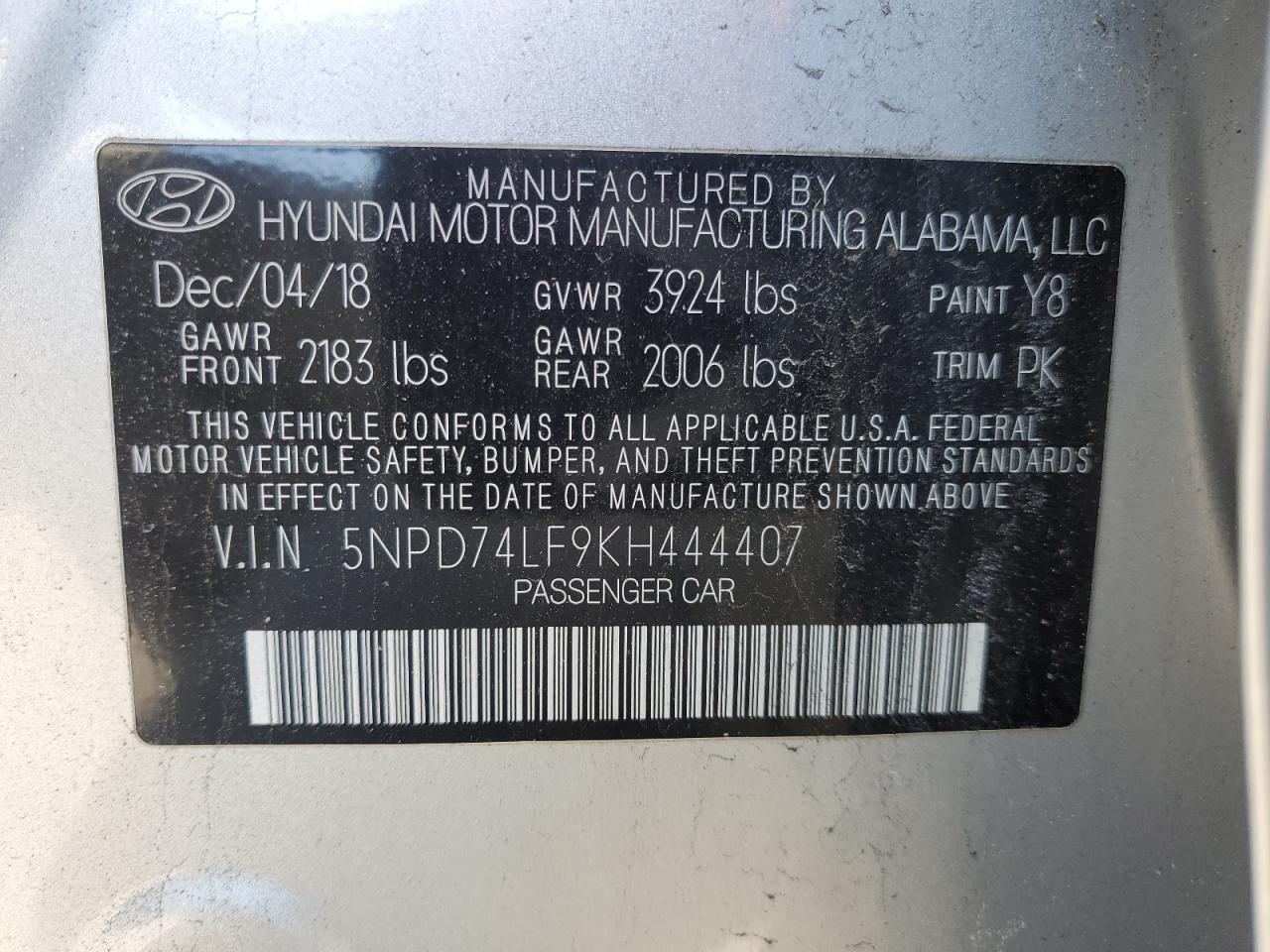 2019 Hyundai Elantra VIN 5NPD74LF9KH444407 Copart auction photo, water/flood / all over damage thumbnail 12