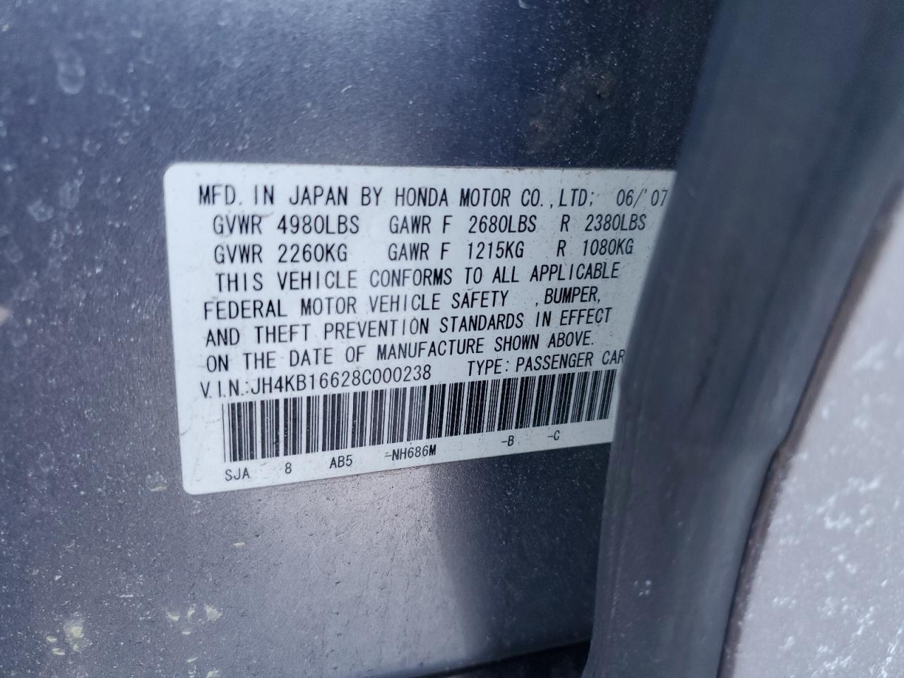 2008 Acura RL VIN JH4KB16628C000238 Copart auction photo, side / rear end damage thumbnail 12