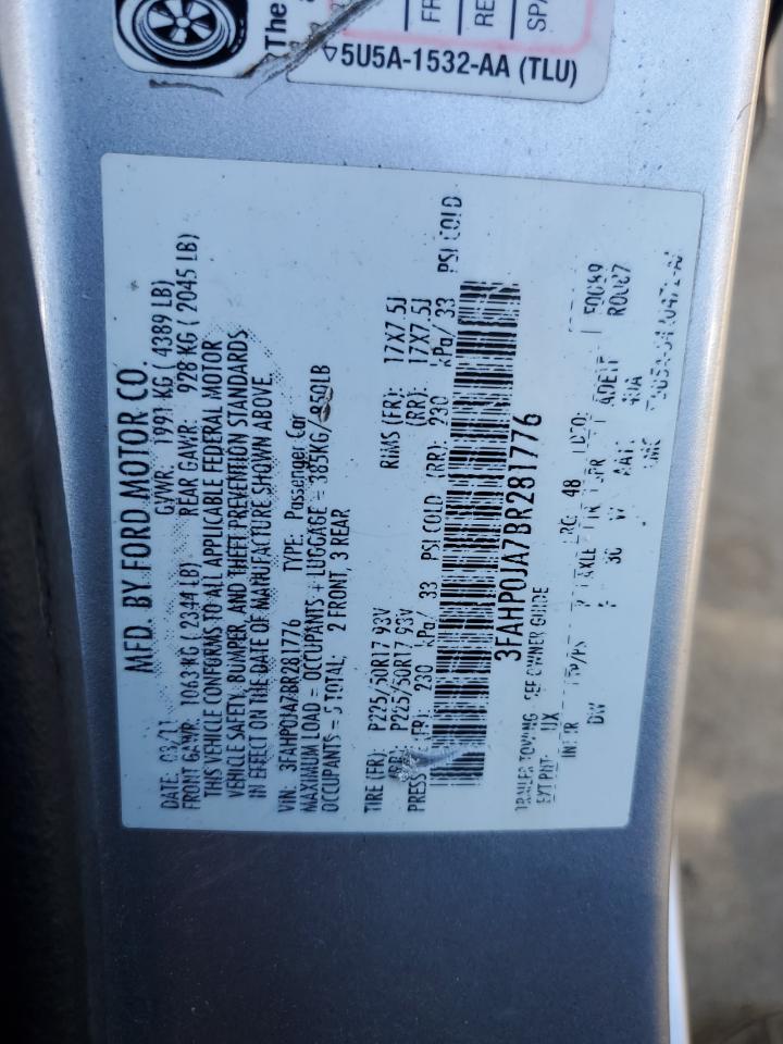 2011 Ford Fusion VIN 3FAHP0JA7BR281776 Copart auction photo, front end / side damage thumbnail 12