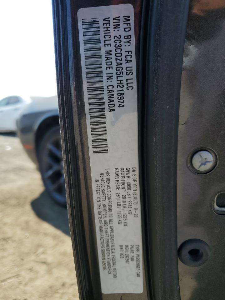 2020 Dodge Challenger VIN 2C3CDZAG5LH218974 Copart auction photo, rear end / minor dent/scratches damage thumbnail 13