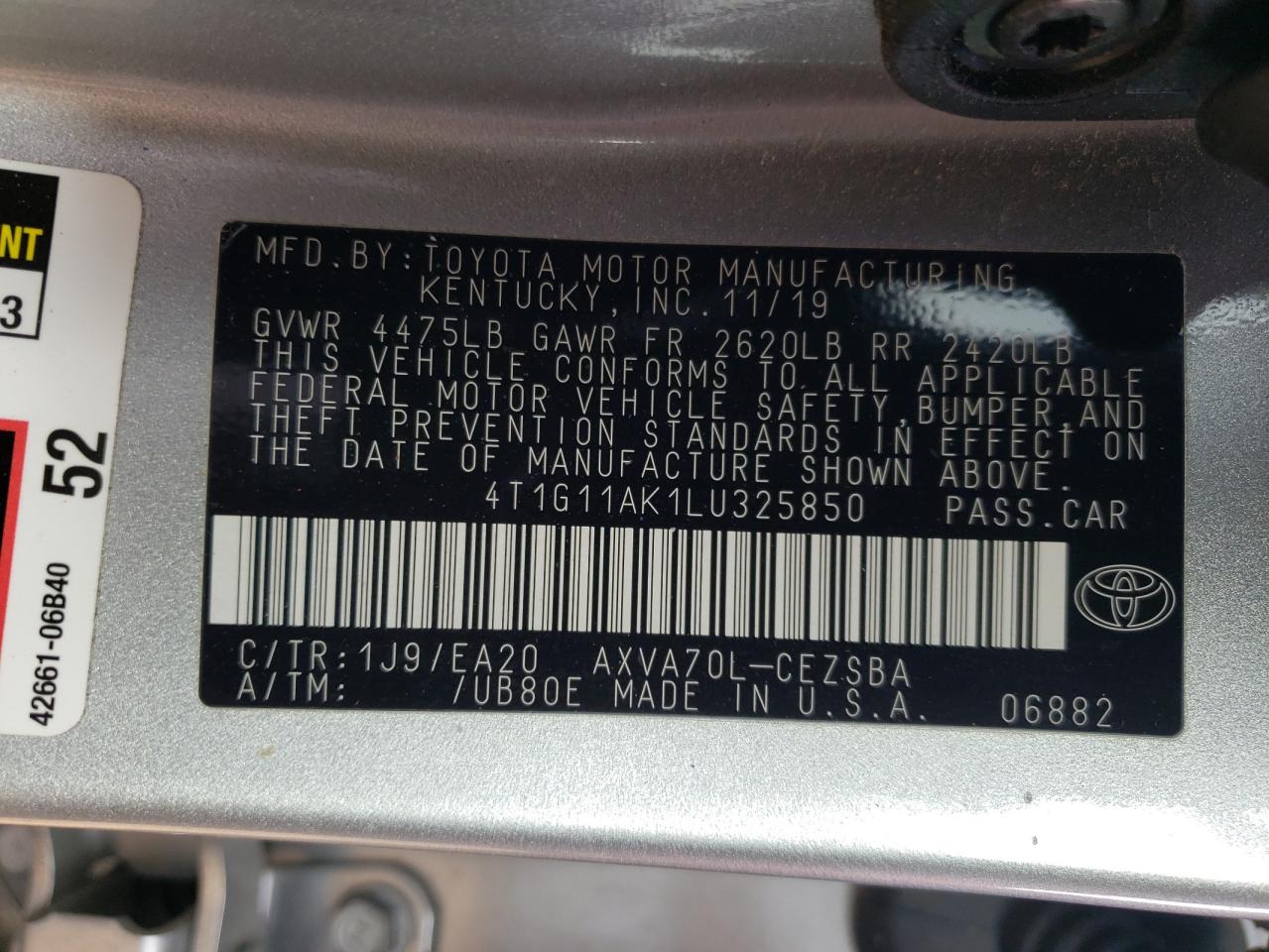 2020 Toyota Camry VIN 4T1G11AK1LU325850 Copart auction photo, all over / hail damage thumbnail 12
