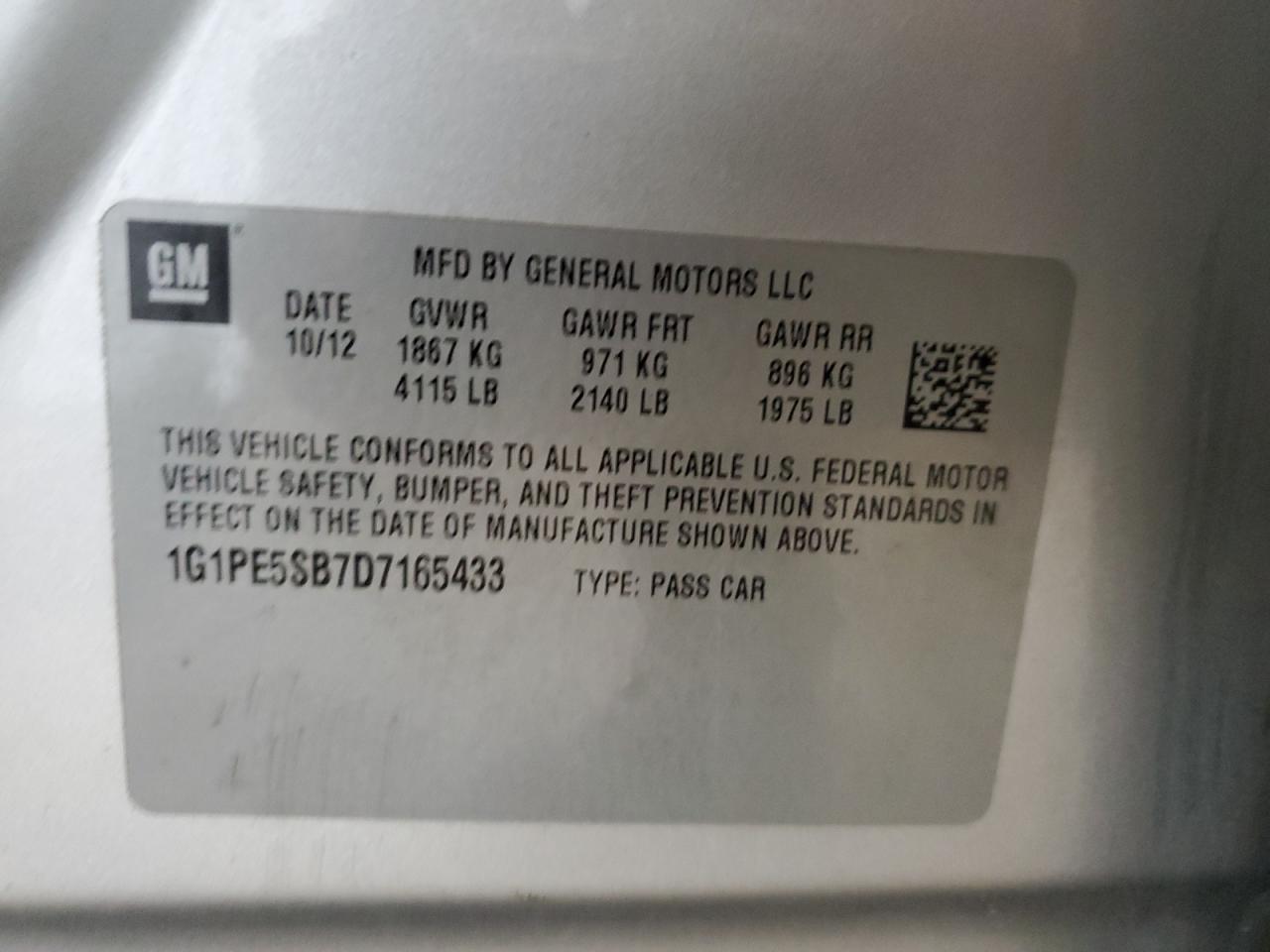 2013 Chevrolet Cruze VIN 1G1PE5SB7D7165433 Copart auction photo, front end / rear end damage thumbnail 12