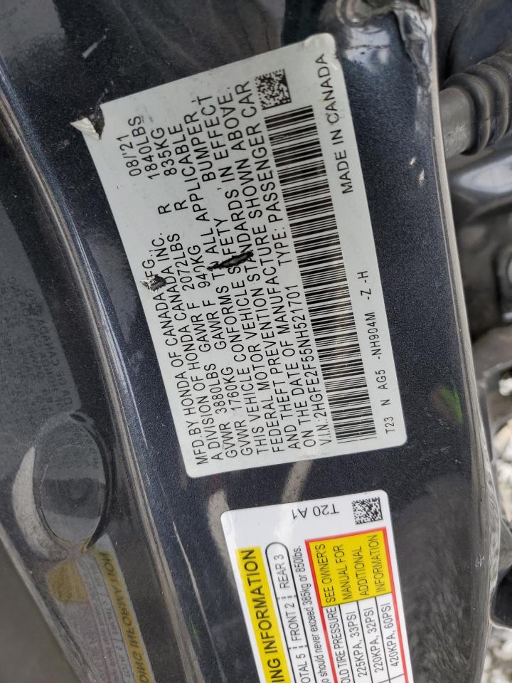 2022 Honda Civic VIN 2HGFE2F55NH521701 Copart auction photo, biohazard/chemical / all over damage thumbnail 12