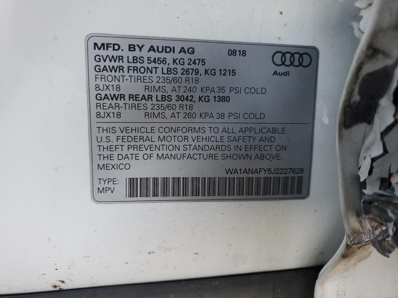 2018 Audi Q5 VIN WA1ANAFY5J2227628 Copart auction photo, side / front end damage thumbnail 15