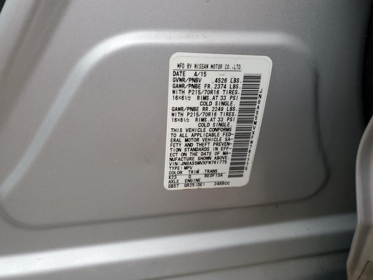 2015 Nissan Rogue VIN JN8AS5MVXFW761775 Copart auction photo, front end damage thumbnail 13