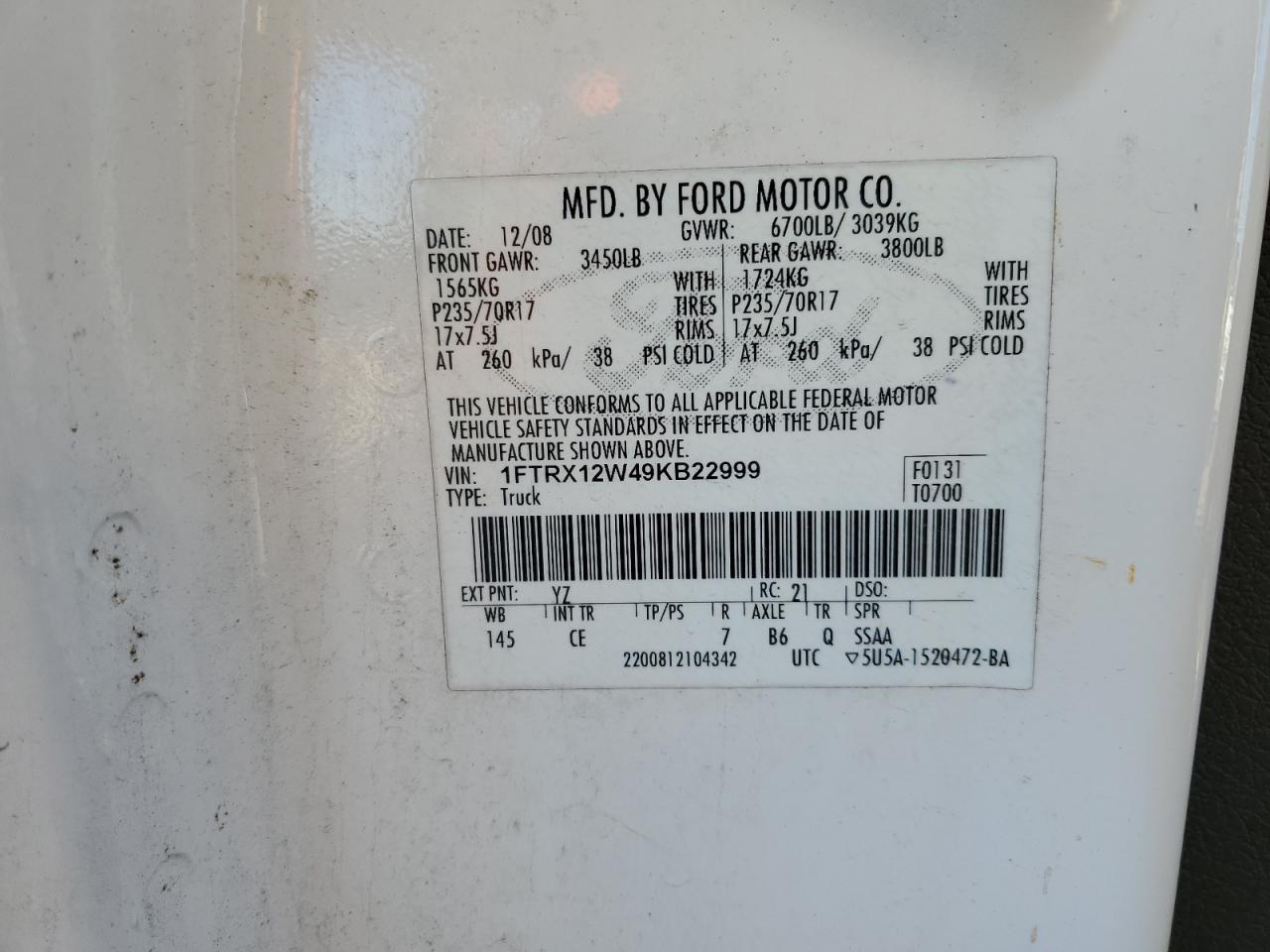 2009 Ford F-150 VIN 1FTRX12W49KB22999 Copart auction photo, front end damage thumbnail 12