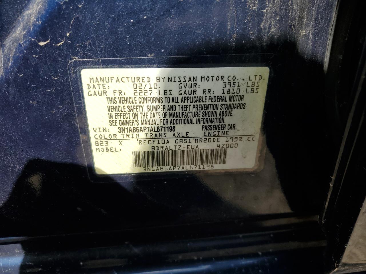 2010 Nissan Sentra VIN 3N1AB6AP7AL671198 Copart auction photo, front end damage thumbnail 14