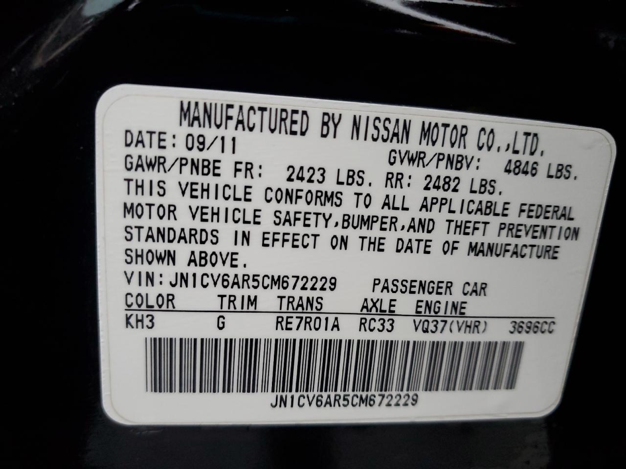 2012 Infiniti G VIN JN1CV6AR5CM672229 Copart auction photo, rear end / hail damage thumbnail 12