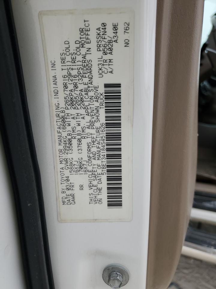 2004 Toyota Tundra VIN 5TBET34184S451626 Copart auction photo, front end damage thumbnail 13