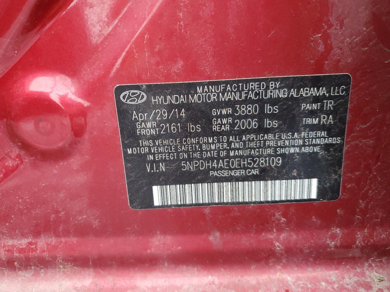 2014 Hyundai Elantra VIN 5NPDH4AE0EH528109 Copart auction photo, rear end / side damage thumbnail 14