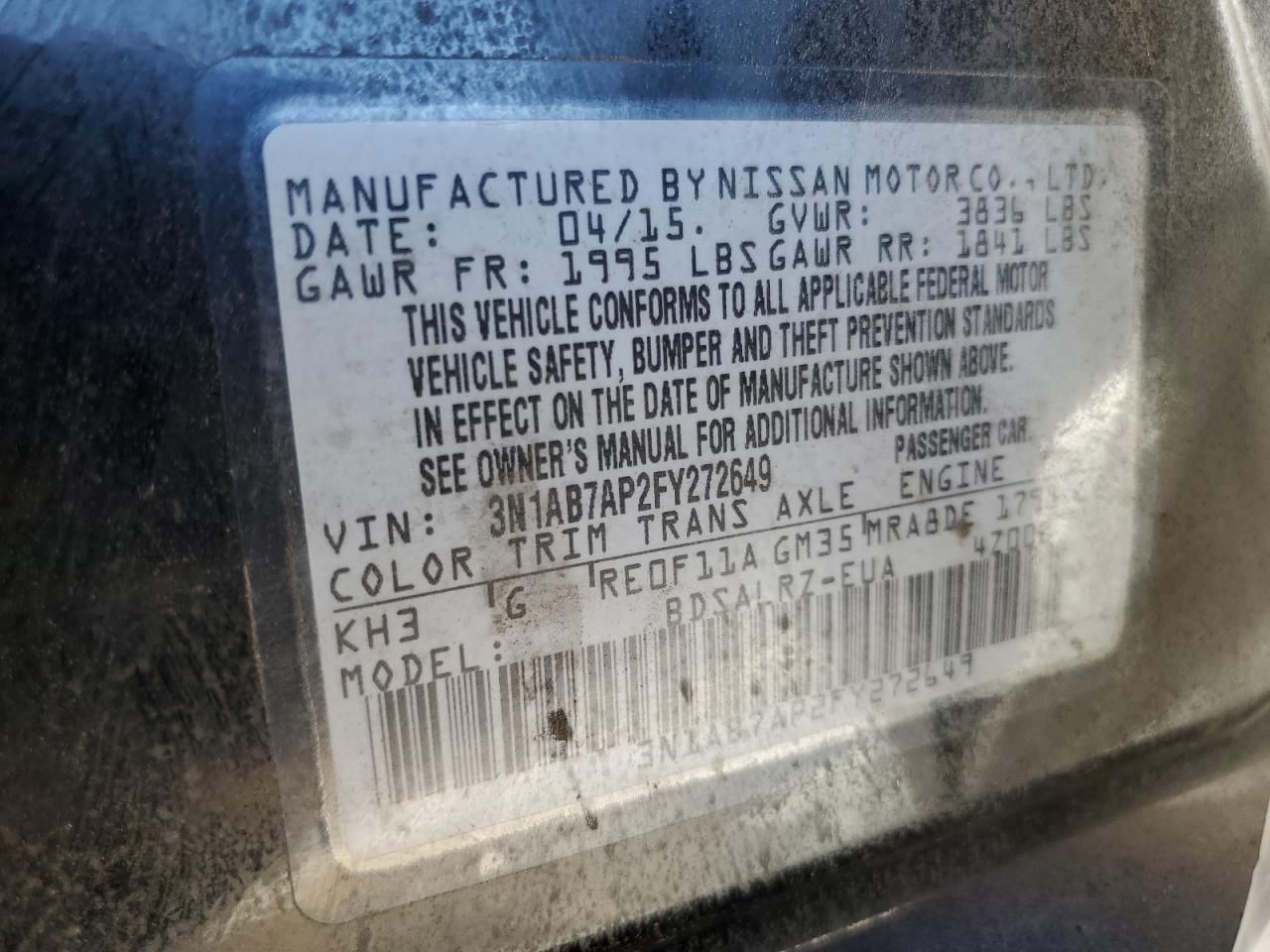 2015 Nissan Sentra VIN 3N1AB7AP2FY272649 Copart auction photo, front end / minor dent/scratches damage thumbnail 14