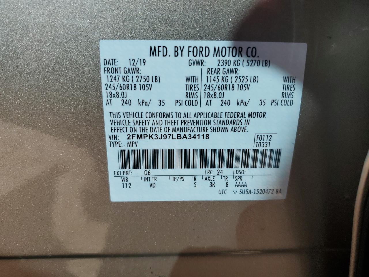2020 Ford Edge VIN 2FMPK3J97LBA34118 Copart auction photo, rear end damage thumbnail 13