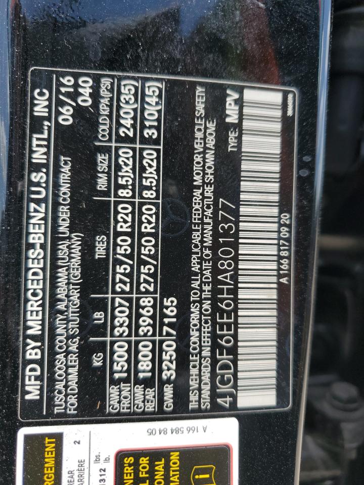 2017 Mercedes-Benz GLS-klasse VIN 4JGDF6EE6HA801377 Copart auction photo, front end damage thumbnail 13
