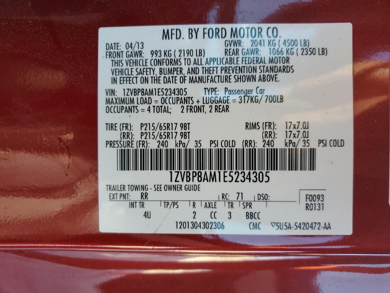 2014 Ford Mustang VIN 1ZVBP8AM1E5234305 Copart auction photo, side / front end damage thumbnail 14