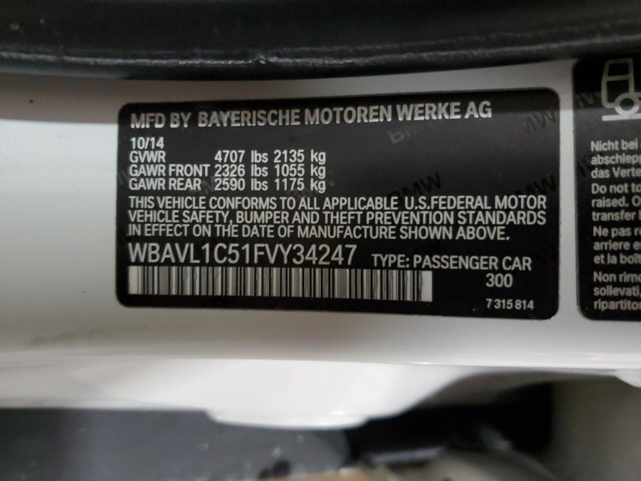 2015 BMW X1 VIN WBAVL1C51FVY34247 Copart auction photo, rear end damage thumbnail 14