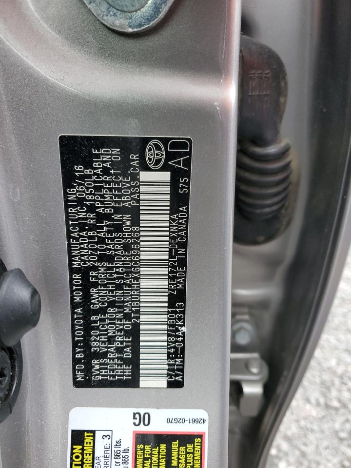 2016 Toyota Corolla VIN 2T1BURHEXGC696268 Copart auction photo, front end damage thumbnail 12