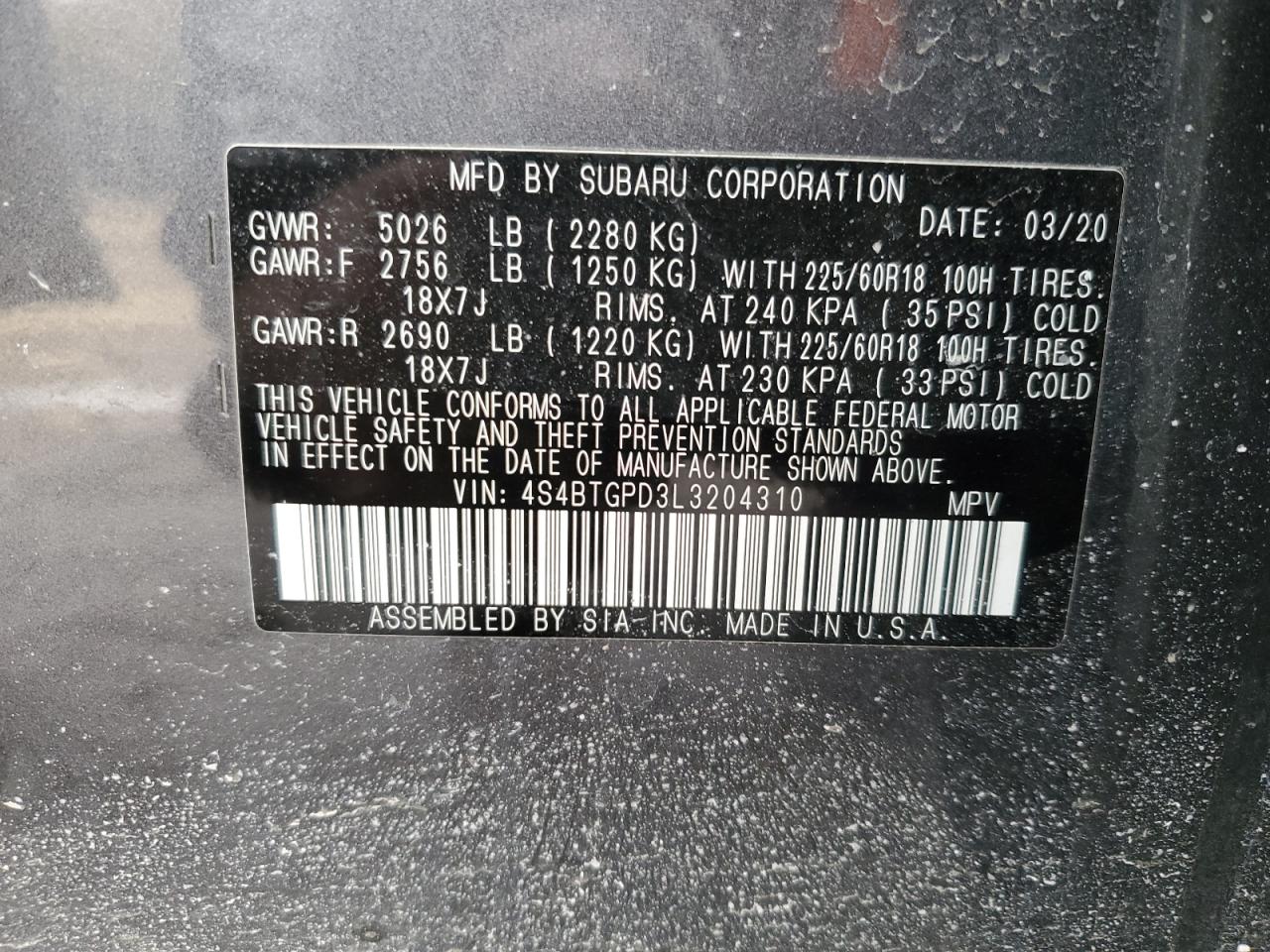 2020 Subaru Outback VIN 4S4BTGPD3L3204310 Copart auction photo, front end damage thumbnail 15