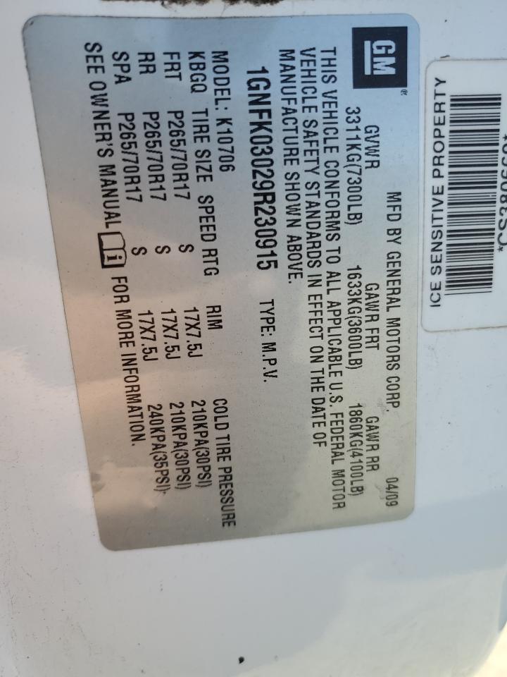 2009 Chevrolet Tahoe VIN 1GNFK03029R230915 Copart auction photo, front end damage thumbnail 12
