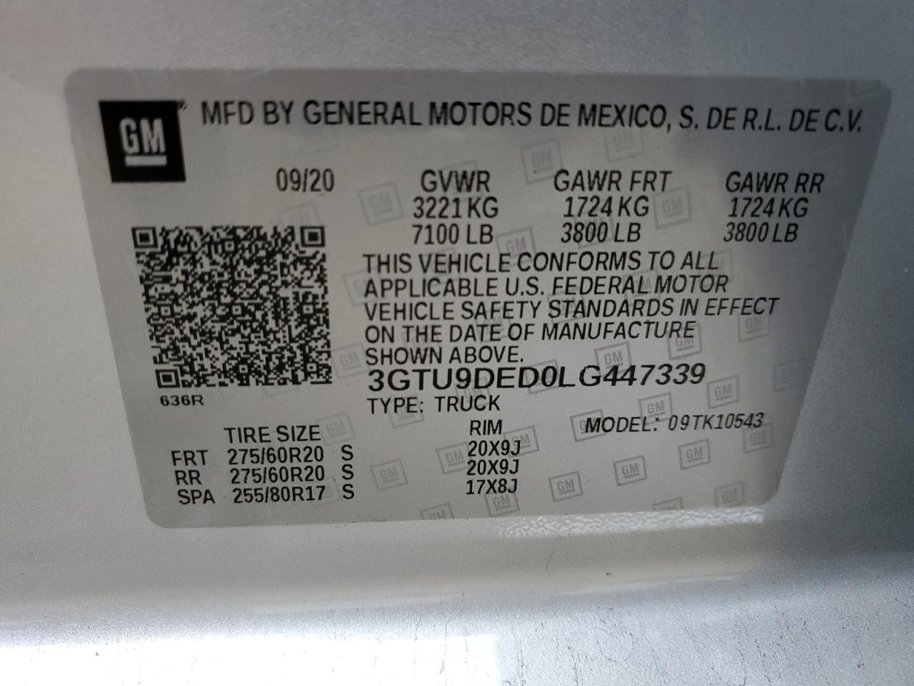 2020 GMC Sierra VIN 3GTU9DED0LG447339 Copart auction photo, front end damage thumbnail 13