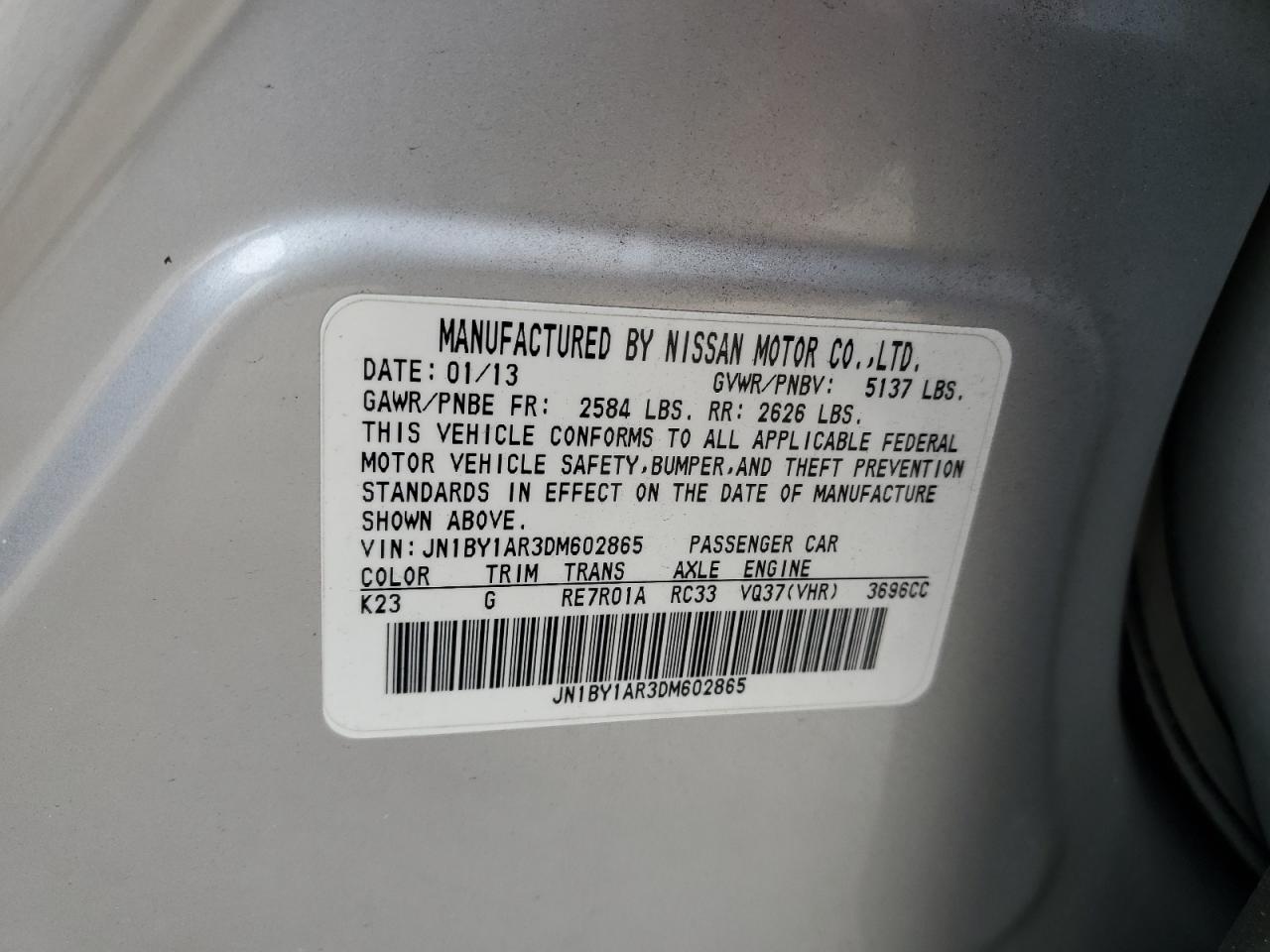 2013 Infiniti M VIN JN1BY1AR3DM602865 Copart auction photo, front end damage thumbnail 14