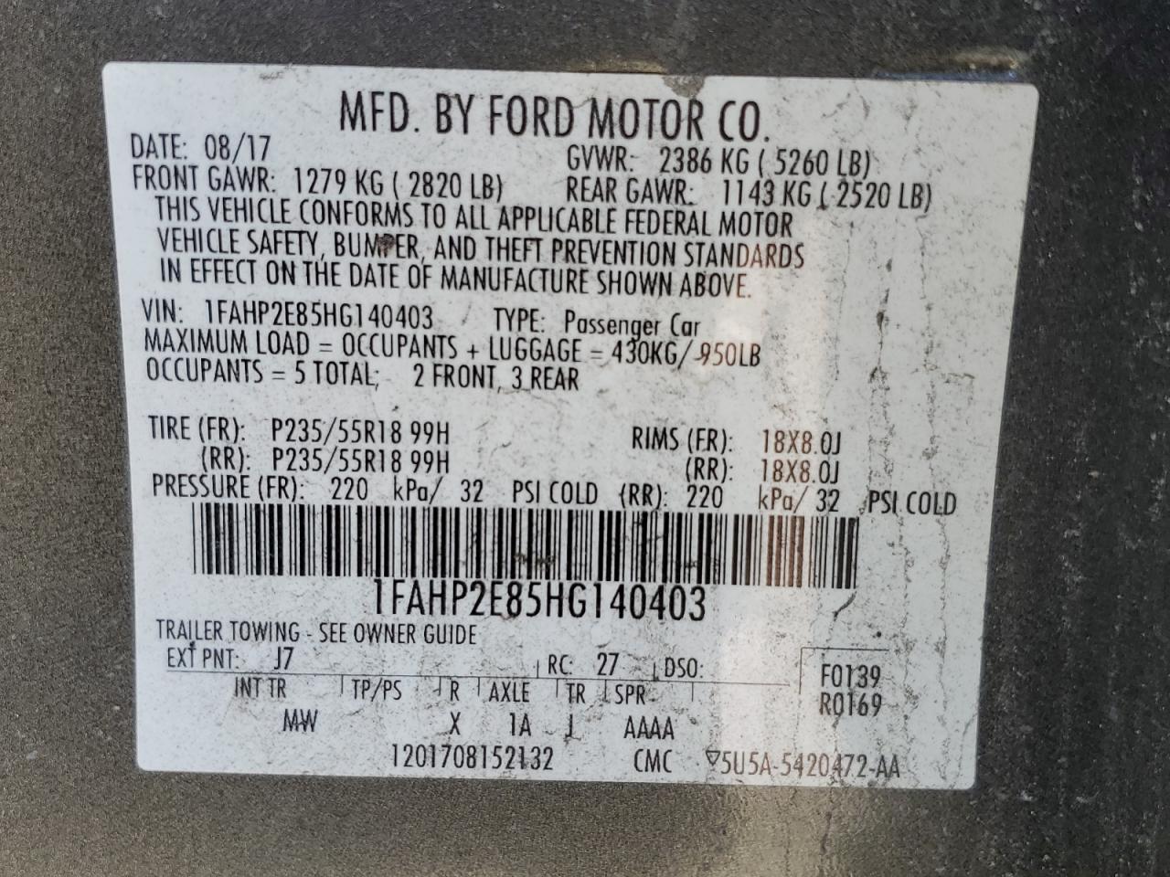 2017 Ford Taurus VIN 1FAHP2E85HG140403 Copart auction photo, side / undercarriage damage thumbnail 14