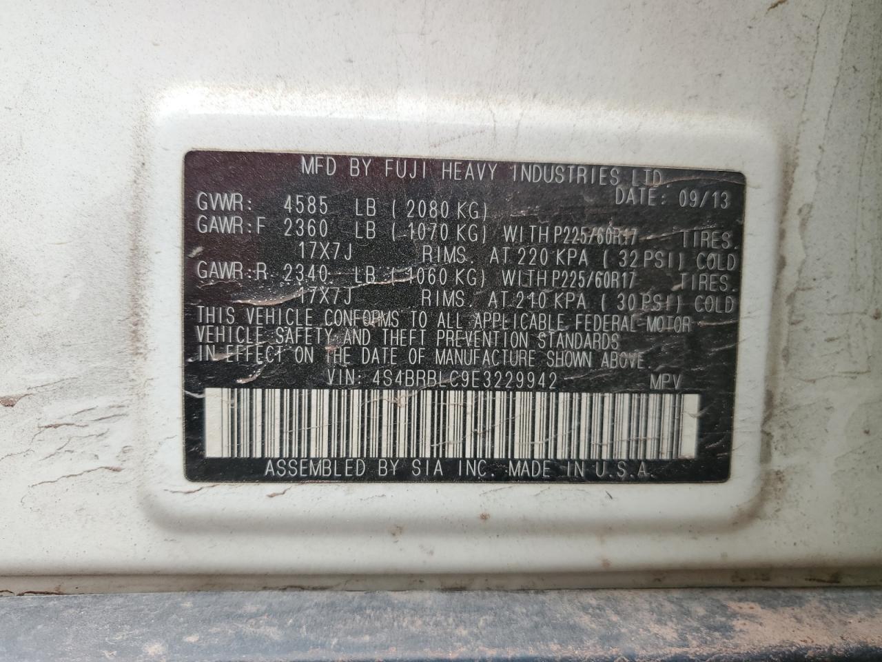 2014 Subaru Outback VIN 4S4BRBLC9E3229942 Copart auction photo, front end damage thumbnail 12