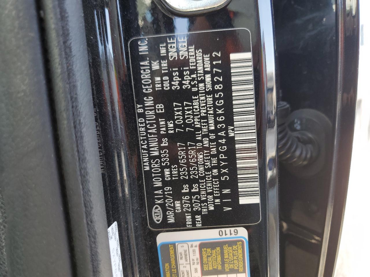 2019 KIA Sorento VIN 5XYPG4A36KG582712 Copart auction photo, front end / side damage thumbnail 13
